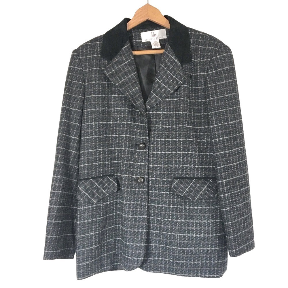 Danielle Martin Wool Suede Trim Grid Plaid Blazer 12 Grey